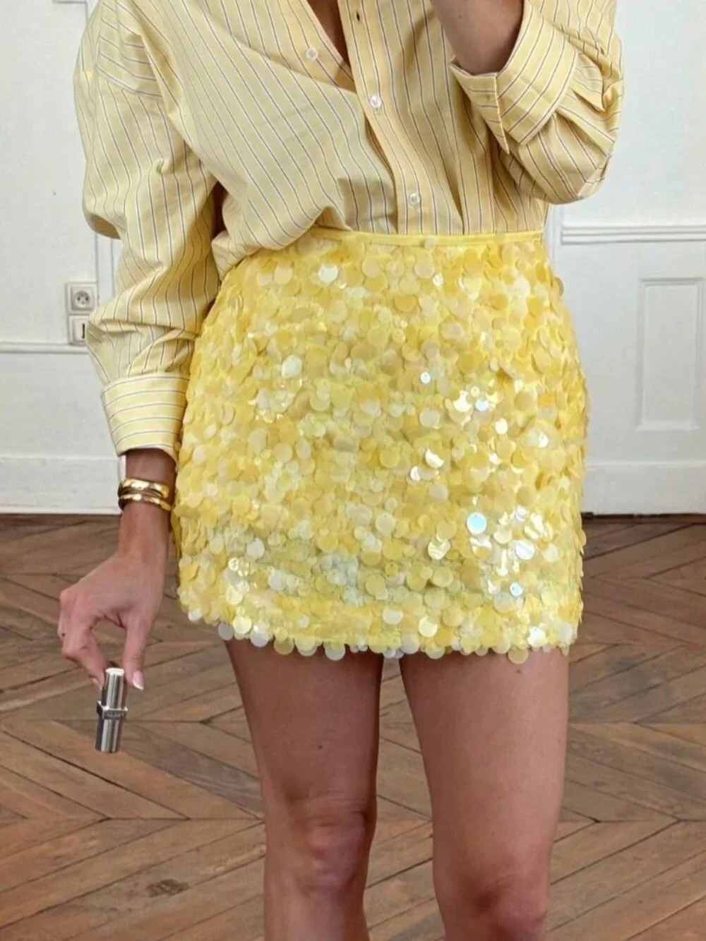 Yellow Party Women's Y2k Elegant Chic Shiny Pleated Regular Fit Bodycon Skirt